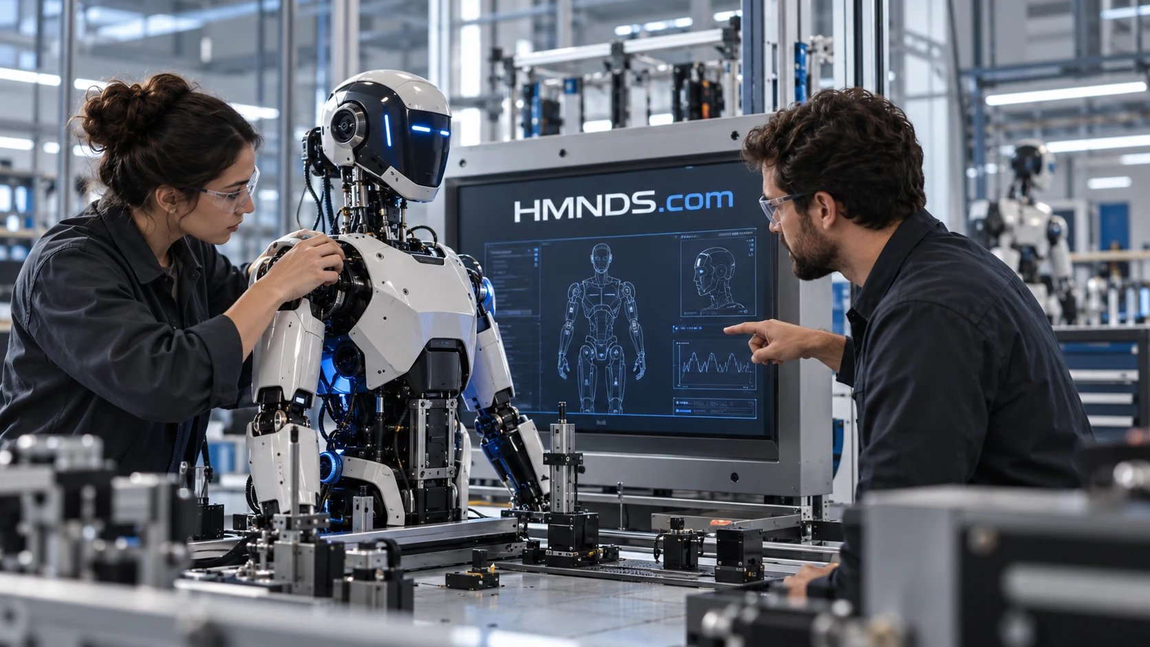 Robotics engineers reviewing a humanoid system marked HMNDS.com