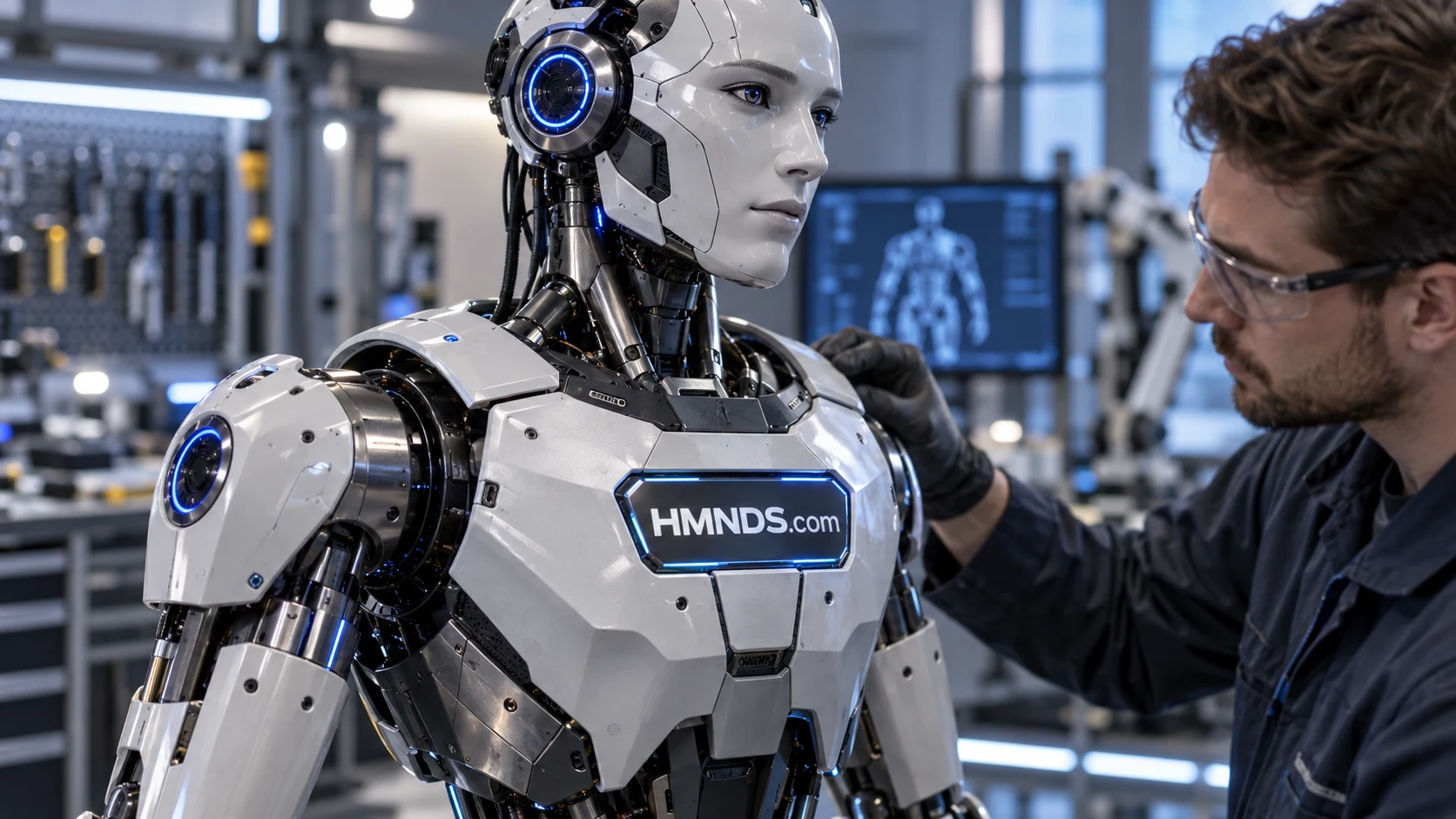 Humanoid robot in a modern industrial facility bearing HMNDS.com